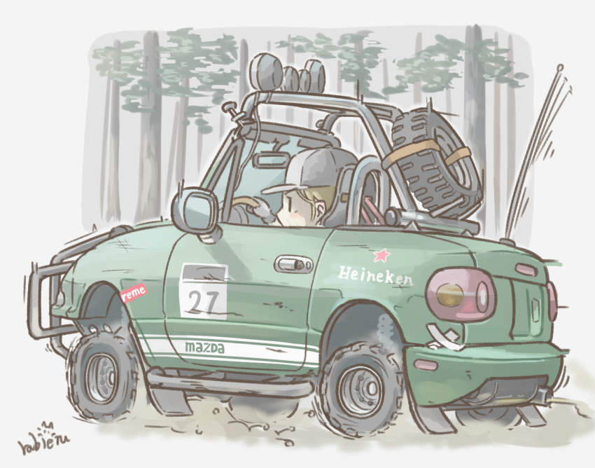 1other baseball_cap car convertible driving eunos_roadster exhaust_pipe gloves gravel green_car grey_gloves grey_headwear hat heineken holding mazda mazda_mx-5 mazda_mx-5_na motion_lines motor_vehicle original outdoors product_placement rabienu radio_antenna simple_background spare_tire supreme_(brand) tape tree unused_tire white_background