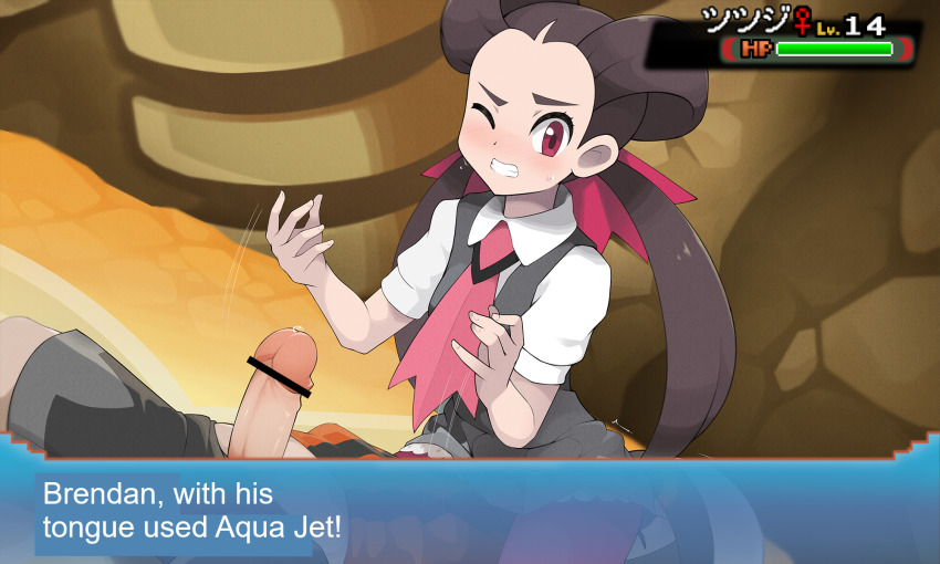1boy 1girl bar_censor beanie blush brendan_(pokemon) brown_hair censored character_name clenched_teeth collared_shirt dialogue_box erection eyelashes gym_leader hair_rings hat health_bar highres indoors kim_da-yoon long_hair motion_lines necktie nintendo one_eye_closed pantyhose penis pokemon pokemon_gym pokemon_oras precum purple_pantyhose roxanne_(pokemon) shirt short_sleeves shorts teeth translated trembling twintails venus_symbol white_shirt