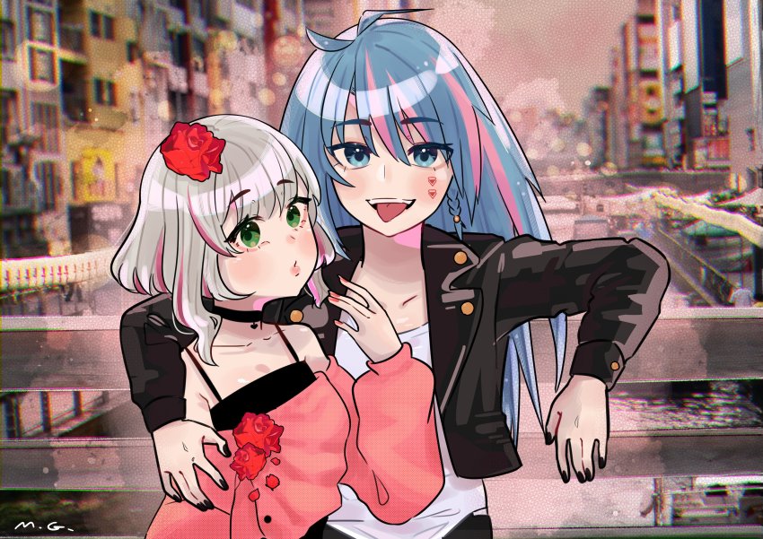 2girls absurdres alternate_costume arm_around_shoulder azura_cecillia black_camisole black_choker black_jacket black_nails black_pants blue_eyes blue_hair blush braid camisole choker collarbone couple flower green_eyes grey_hair hair_flower hair_ornament highres indonesian_commentary jacket leather leather_jacket looking_at_viewer miyu_ottavia mogu_m.g multicolored_hair multiple_girls nail_polish nijisanji nijisanji_id off-shoulder_sweater off_shoulder pants pink_hair pink_sweater puckered_lips red_flower red_rose rose shirt short_hair side_braid smile streaked_hair sweater tongue tongue_out virtual_youtuber white_shirt yuri
