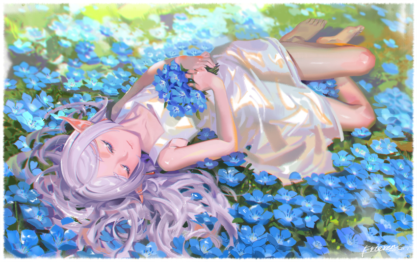 1girl alphonse_(white_datura) barefoot closed_eyes dress earrings elf field flower flower_field frieren highres holding holding_flower jewelry long_hair lying nemophila_(flower) pointy_ears solo sousou_no_frieren white_dress white_hair