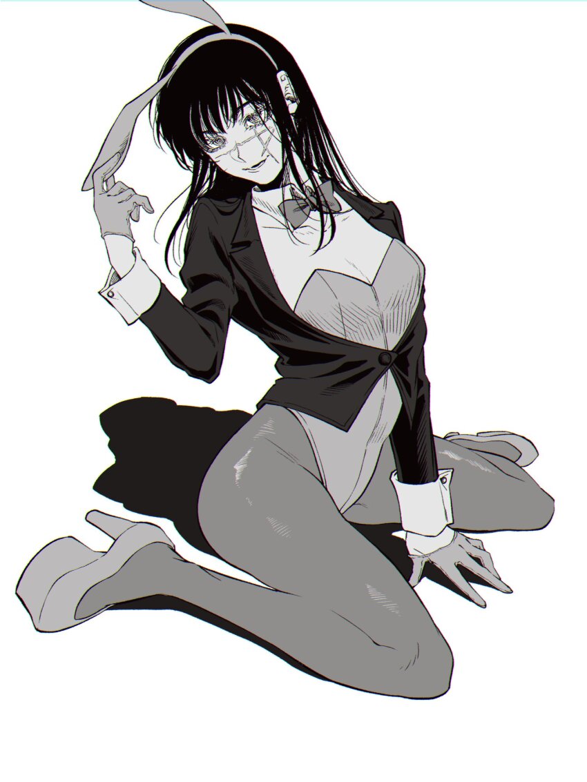 1girl animal_ears black_hair bow bowtie chainsaw_man commentary_request fake_animal_ears gloves greyscale haru_rice high_heels highres leotard long_hair looking_at_viewer monochrome pantyhose playboy_bunny rabbit_ears simple_background sitting solo wrist_cuffs yoru_(chainsaw_man)
