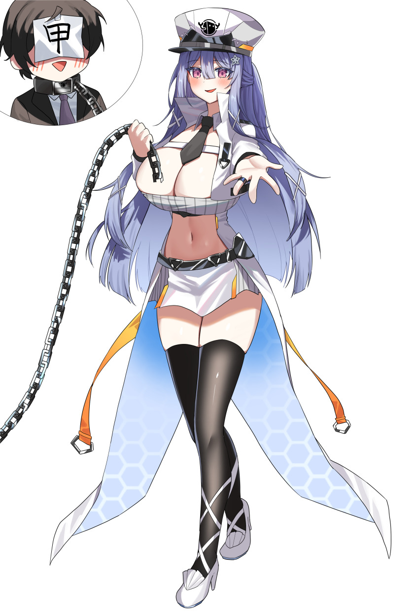 1boy 1girl :&gt; absurdres administrator_(counter:side) alternate_costume bad_proportions black_necktie black_thighhighs blush breasts chain chain_leash cleavage collar commentary counter:side criss-cross_straps cropped_jacket crossed_legs flower hair_between_eyes hair_flower hair_ornament half_updo hat high_heels highres holding holding_leash huge_breasts inset jacket jewelry jinggun leash long_hair looking_at_viewer low_neckline midriff miniskirt navel necktie outstretched_hand paper_on_head pink_eyes pov purple_hair ring shoes skirt strappy_heels swan_claire thighhighs viewer_on_leash watson_cross white_jacket white_shoes zettai_ryouiki