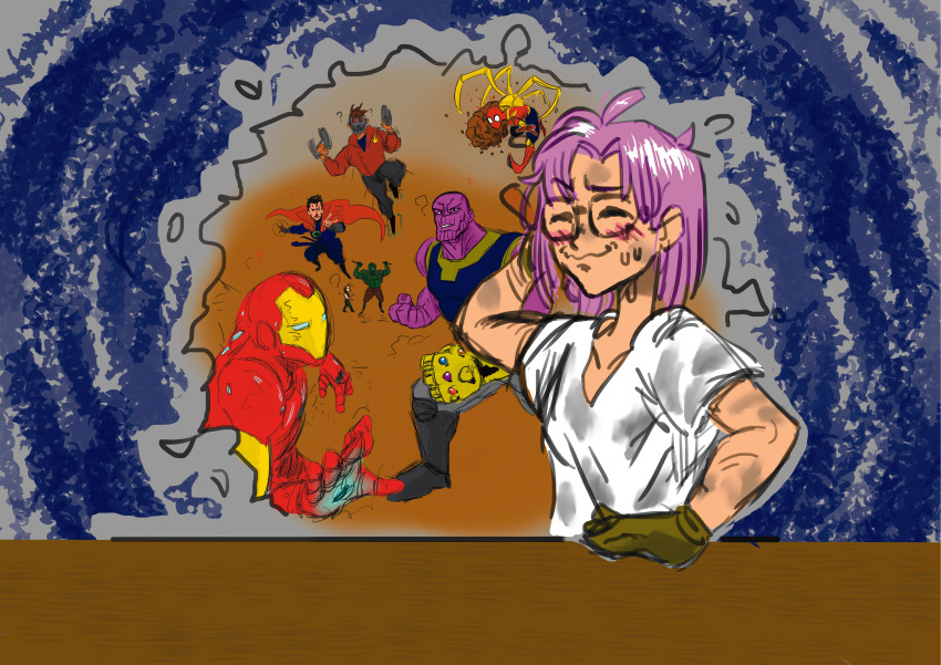? absurdres armor artist_request chrono_trigger colorized crossover doctor_strange drax_the_destroyer highres infinity_gauntlet iron_man lucca_ashtear mantis_(marvel) marvel marvel_cinematic_universe non-web_source power_armor scene_reference spider-man star-lord tagme thanos wormhole