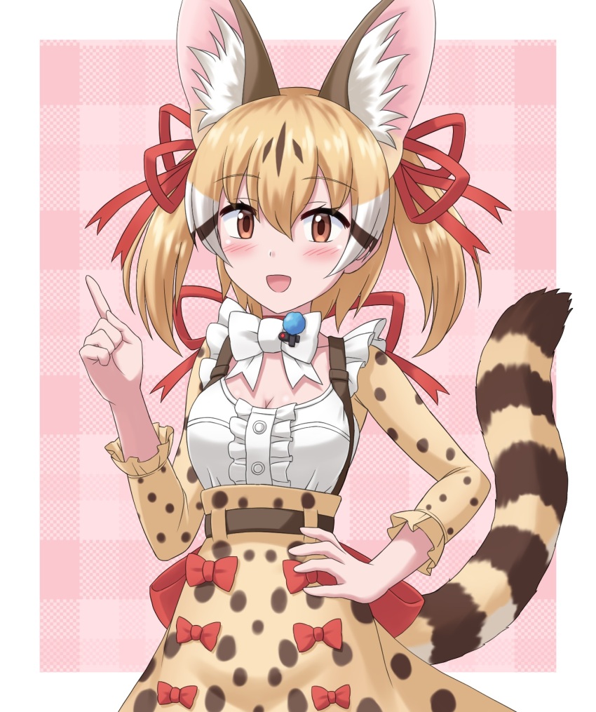 1girl animal_ears belt bow bowtie brown_eyes brown_hair cat_ears cat_girl cat_tail extra_ears highres kemono_friends kemono_friends_v_project large-spotted_genet_(kemono_friends) long_hair looking_at_viewer microphone pink_background ribbon shirt simple_background skirt solo suspenders tail touki_ag virtual_youtuber
