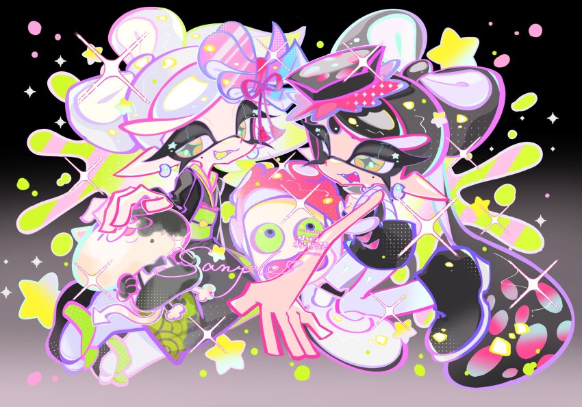 2girls absurdly_long_hair black_background black_dress black_hair black_haori black_shoes bow-shaped_hair breasts callie_(alterna)_(splatoon) callie_(splatoon) cat cross-shaped_pupils dress earrings full_body geta gradient_background grey_hair grey_kimono grey_pupils haori highres inkling japanese_clothes jewelry judd_(splatoon) kimono long_hair long_pointy_ears looking_at_viewer marie_(kimono)_(splatoon) marie_(splatoon) mole mole_under_eye multiple_girls nintendo obi obiage obijime octarian_(enemy) octotrooper official_alternate_costume one_eye_closed open_mouth orange_eyes pantyhose pointy_ears print_kimono sample_watermark sash seigaiha shoes short_hair small_breasts smile splatoon_(series) splatoon_2 splatoon_3 strapless strapless_dress swept_bangs symbol-shaped_pupils tabi tentacle_hair twintails two-tone_background very_long_hair watermark white_background white_pantyhose xiaoyunatie