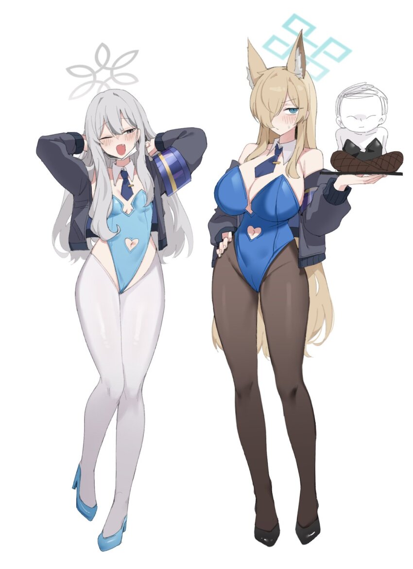 1boy 2girls ;d alternate_costume arms_up bare_shoulders black_jacket black_leotard black_pantyhose black_shoes blonde_hair blue_archive blue_eyes blue_halo blue_leotard blue_necktie blue_shoes blush breasts cleavage clothing_cutout commentary crossdressing detached_collar doodle_sensei_(blue_archive) double-parted_bangs embarrassed fang fishnet_pantyhose fishnets full_body grey_eyes grey_halo gurenola hair_intakes hair_over_one_eye halo hand_on_own_hip heart_cutout highres holding holding_tray jacket kanna_(blue_archive) konoka_(blue_archive) large_breasts leotard long_hair long_sleeves multiple_girls navel_cutout necktie off_shoulder one_eye_closed one_eye_covered open_clothes open_jacket open_mouth pantyhose playboy_bunny sensei_(blue_archive) shoes small_breasts smile standing strapless strapless_leotard thighhighs tie_clip tray v-shaped_eyebrows very_long_hair white_thighhighs