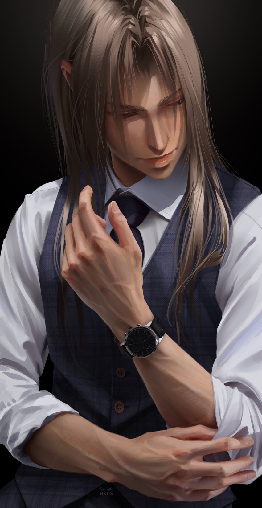 1boy absurdres alternate_costume black_background closed_eyes closed_mouth collared_shirt commentary english_commentary final_fantasy final_fantasy_vii final_fantasy_vii_remake grey_hair grey_vest hair_over_shoulder highres long_hair male_focus necktie parted_bangs parted_lips purple_necktie realistic safaia sephiroth shirt sleeves_rolled_up solo upper_body vest watch white_shirt wristwatch