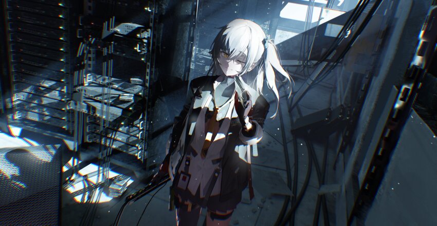1girl black_jacket black_skirt brown_hair chromatic_aberration closed_mouth collared_shirt commentary english_commentary fashi_laizi_weilai girls&#039;_frontline girls&#039;_frontline_2:_exilium highres holding id_card indoors jacket leva_(girls&#039;_frontline_2) long_hair loose_necktie mechanical_arms neckerchief necktie one_eye_closed one_side_up open_clothes open_jacket partially_unbuttoned pleated_skirt prosthesis prosthetic_arm shirt single_mechanical_arm skirt smile solo ump45_(girls&#039;_frontline) white_shirt yellow_eyes yellow_neckerchief