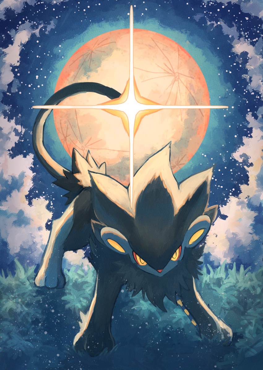7_phi_3 all_fours black_fur black_tail blue_fur body_fur full_body full_moon gen_4_pokemon grass highres looking_at_viewer luxray moon night nintendo pokemon pokemon_(creature) yellow_eyes