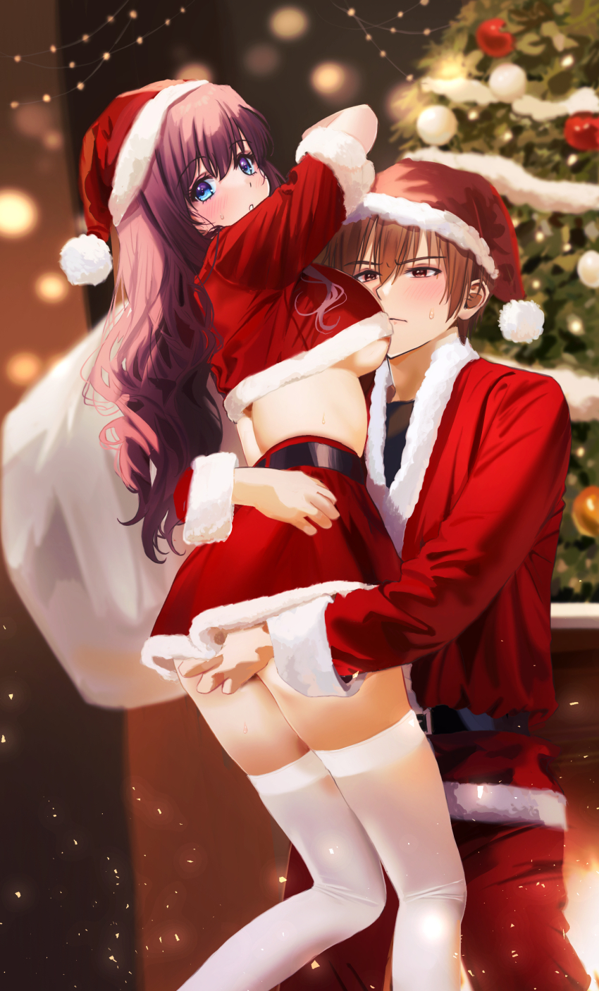 1boy 1girl a-chan_(little_busters!) alternate_costume arm_around_waist ass bag belt black_belt blue_eyes blurry blurry_background blush breasts brown_eyes brown_hair christmas christmas_ornaments christmas_tree closed_mouth commentary_request couple crop_top eyelashes face_to_breasts feet_out_of_frame food-themed_hat fur-trimmed_jacket fur-trimmed_shirt fur-trimmed_skirt fur-trimmed_sleeves fur_trim gift_bag hair_between_eyes hair_over_shoulder hand_on_another&#039;s_ass hat hetero highres holding holding_bag hug indoors jacket large_breasts light_particles little_busters! long_hair long_sleeves looking_at_another looking_at_viewer looking_back miiizuno_lbs miniskirt natsume_kyousuke no_bra pants parted_lips red_hat red_jacket red_pants red_shirt red_skirt santa_costume santa_hat shirt short_hair short_sleeves sideboob skirt standing sweat thighhighs thighs v-shaped_eyebrows very_long_hair wavy_hair white_thighhighs