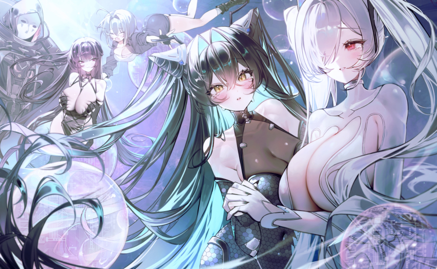 5girls absurdres amu1207 aqua_hair breasts cinderella_(nikke) cleavage closed_eyes commentary english_commentary goddess_of_victory:_nikke highres large_breasts little_mermaid_(nikke) mihara_(bonding_chain)_(nikke) mihara_(nikke) mori_(nikke) multiple_girls official_alternate_costume official_alternate_design red_eyes yellow_eyes yuni_(chimera)_(nikke) yuni_(nikke)