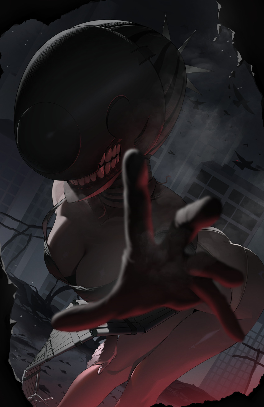 1girl absurdres apron bent_over bird black_apron black_gloves bomb_devil_(chainsaw_man) breasts chainsaw_man city cleavage destruction dynamite elbow_gloves explosive gloves highres medium_breasts night outdoors panties reaching reaching_towards_viewer september0405 solo teeth underwear white_panties