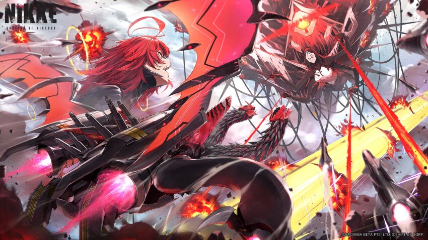 2girls ahoge android battle black_hair breasts closed_eyes closed_mouth cloud cloudy_sky commentary_request copyright_name dragon dragon_wings explosion explosive extra_arms flying goddess_of_victory:_nikke guest_art highres large_breasts long_hair mechanical_wings messy_hair midair missile multiple_girls nihilister_(nikke) official_alternate_costume official_art open_mouth outdoors rapture_queen_(nikke) red_eyes red_hair second-party_source sky somehira_katsu teeth upper_teeth_only wings