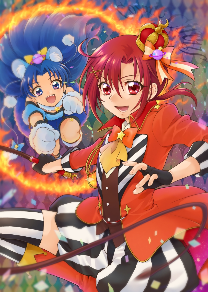 2girls :d absurdres ahoge aiguillette aizen_(syoshiyuki) alternate_costume animal_ears animal_tamer black_gloves blue_bow blue_eyes blue_hair blue_skirt boots bow bowtie brooch circus confetti crown cure_gelato extra_ears fingerless_gloves gloves hair_bow hair_ornament highres hino_akane_(smile_precure!) holding holding_whip jewelry kirakira_precure_a_la_mode knee_boots lion_ears lion_tail long_hair looking_at_viewer mini_crown multiple_girls open_mouth orange_boots orange_bow parted_bangs popped_collar precure red_crown red_eyes red_hair ring_of_fire short_hair shorts skirt smile smile_precure! standing standing_on_one_leg star_brooch striped_bow striped_clothes striped_shorts striped_thighhighs tail tail_bow tail_ornament tategami_aoi thighhighs vertical-striped_clothes vertical-striped_shorts vertical-striped_thighhighs whip white_gloves x_hair_ornament yellow_bow