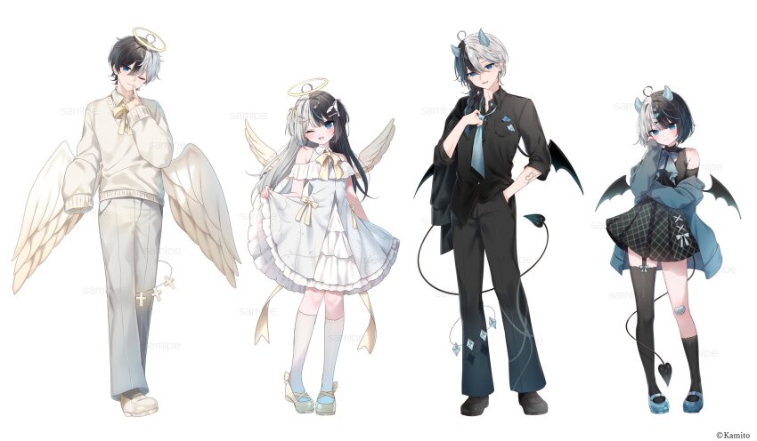 1boy 1girl :d ;) ;d angel_wings asymmetrical_legwear bare_shoulders black_hair black_pants black_shirt black_skirt black_socks black_thighhighs black_wings blue_eyes blue_footwear blue_jacket blue_necktie brown_footwear closed_mouth collared_shirt commentary_request demon_boy demon_girl demon_horns demon_tail demon_wings dress dress_shirt feathered_wings genderswap genderswap_(mtf) grey_hair grey_pants hair_between_eyes halo highres horns indie_virtual_youtuber jacket kamito_(vtuber) kneehighs loafers long_hair long_sleeves low_wings mafuyu_(chibi21) mini_wings multicolored_hair multiple_views necktie off_shoulder official_art one_eye_closed open_clothes open_jacket open_mouth pants pleated_skirt puffy_long_sleeves puffy_sleeves shirt shoes simple_background single_sock single_thighhigh skirt skirt_hold sleeves_past_fingers sleeves_past_wrists smile socks sweater tail thighhighs two-tone_hair two_side_up very_long_hair virtual_youtuber white_background white_dress white_socks white_sweater white_wings wings