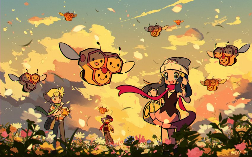 1girl 2boys :d bag barry_(pokemon) beanie blonde_hair blurry blush brown_bag chueog cloud combee dawn_(pokemon) duffel_bag eyelashes field floating_scarf flower flower_field gen_4_pokemon green_scarf grey_eyes grey_pants hat highres holding holding_pot jacket looking_up lucas_(pokemon) multiple_boys nintendo open_mouth orange_eyes outdoors pants petals pink_flower pink_skirt pokemon pokemon_(creature) pokemon_dppt pot red_headwear red_scarf scarf shirt short_hair short_sleeves shoulder_bag skirt sky sleeveless sleeveless_shirt smile standing striped_clothes striped_jacket tongue twilight watermark white_flower white_headwear yellow_bag yellow_flower