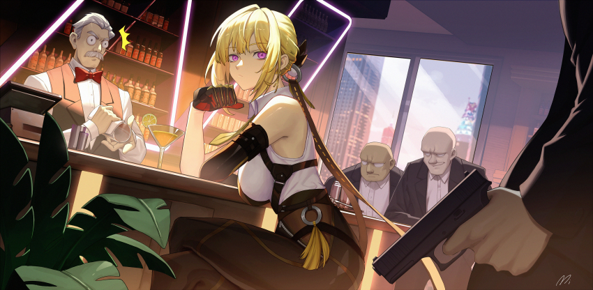 1girl 3boys bar_(place) bartender black_gloves black_pants black_vest blonde_hair bow bowtie chest_harness cocktail_glass cocktail_shaker collared_shirt crossed_arms cup drinking_glass elbow_gloves evelyn_chevalier glock gloves gun handgun harness high-waist_pants highres holding holding_cocktail_shaker holding_gun holding_weapon indoors mi_(630956686) multiple_boys necktie pants purple_hair red_bow red_bowtie ring_hair_ornament shirt single_elbow_glove sitting tight_clothes tight_pants vest weapon white_hair white_shirt yellow_necktie zenless_zone_zero