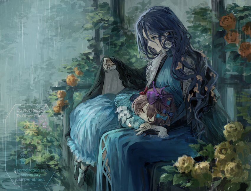 2girls ankle_boots apt black_cape black_hair blue_bow blue_dress blue_eyes boots bow brown_boots cape closed_eyes dress feet_out_of_frame flower flutterpage hair_bow hair_ornament hand_up highres lap_pillow leaf_hair_ornament long_dress long_hair looking_at_another mole mole_under_eye multiple_girls multiple_hair_bows plant profile purple_bow rain red_flower reverse:1999 short_hair sitting sleeping sleeping_on_person very_long_hair watermark willow_(reverse:1999) yellow_flower