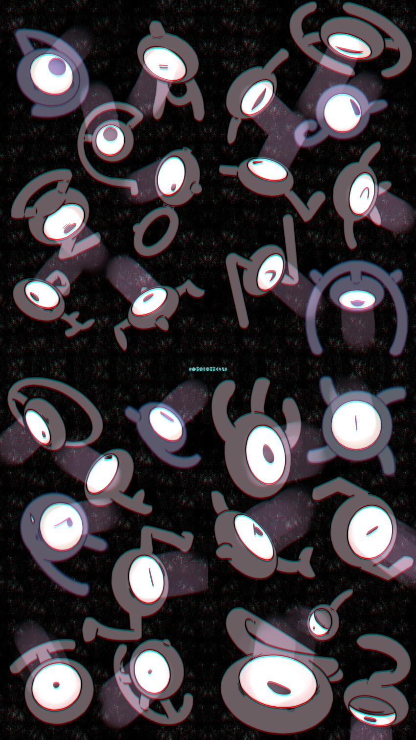 ^_^ absurdres autobottesla black_eyes chromatic_aberration closed_eyes commentary english_commentary floating gen_2_pokemon highres light looking_at_viewer looking_away nintendo no_humans pokemon pokemon_(creature) signature single_eye sweatdrop unown unown_! unown_? unown_a unown_b unown_c unown_d unown_e unown_f unown_g unown_h unown_i unown_j unown_k unown_l unown_m unown_n unown_o unown_p unown_q unown_r unown_s unown_t unown_u unown_v unown_w unown_x unown_y unown_z unownglyphics
