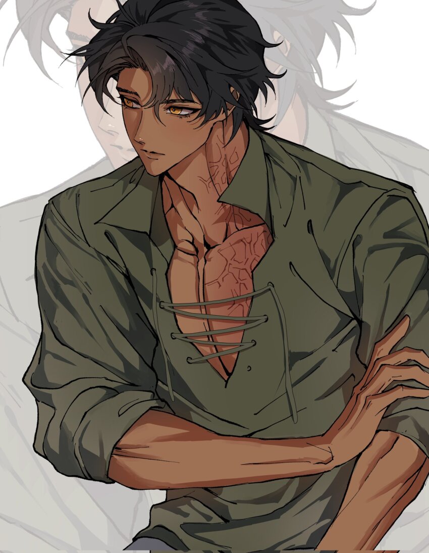 1boy black_hair closed_mouth commentary commission green_shirt hair_between_eyes hand_on_own_arm highres looking_to_the_side male_focus nocnoc original pectorals shirt short_hair sleeves_pushed_up upper_body white_background yellow_eyes zoom_layer