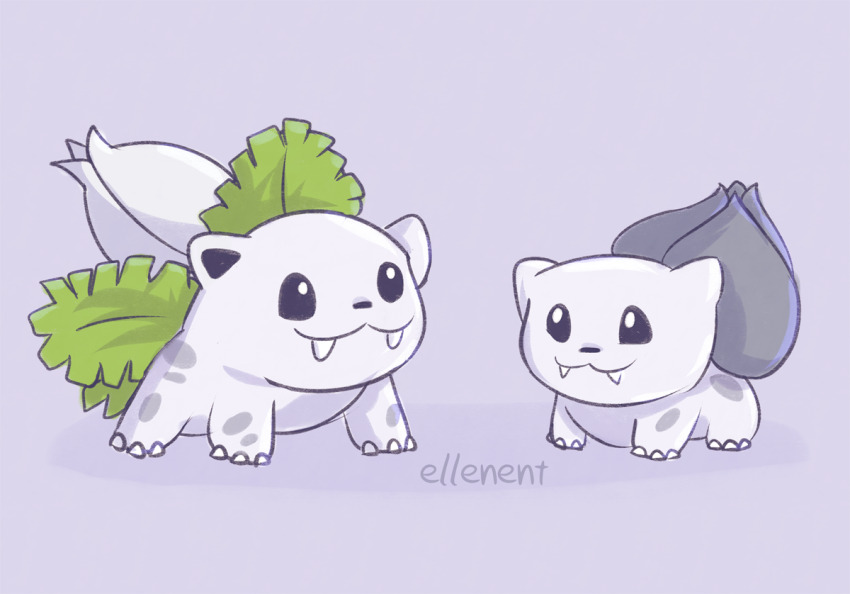 :3 animal_focus black_eyes bright_pupils bulbasaur claws commentary dewgong ellenent english_commentary fangs full_body fusion gen_1_pokemon grey_background ivysaur nintendo no_humans pokemon pokemon_(creature) signature simple_background white_pupils