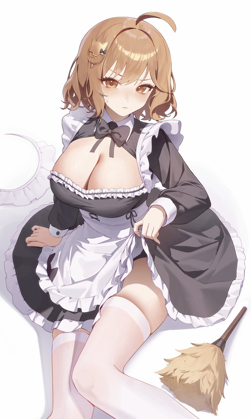 1girl absurdres ahoge alternate_costume anis_(nikke) apron black_dress breasts brown_eyes brown_hair cleavage closed_mouth clothes_lift commentary_request dress dress_lift goddess_of_victory:_nikke highres large_breasts looking_at_viewer maid maid_apron sbgu simple_background skirt skirt_lift solo sweatdrop thighhighs thighs unworn_maid_headdress white_background white_thighhighs