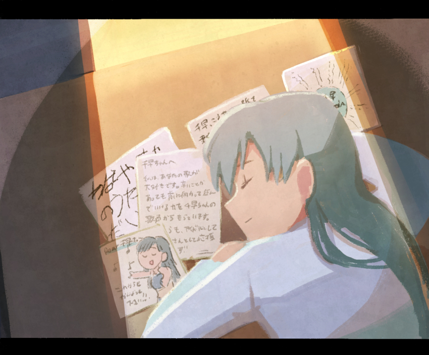 1girl blue_hair closed_mouth desk drawing_(object) idolmaster idolmaster_(classic) indoors kisaragi_chihaya long_hair long_sleeves no_lineart paper shirt sleeping sleeping_on_desk solo translation_request tsubobot white_shirt