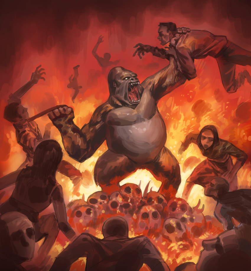 100_men_vs_1_gorilla_(meme) 2girls 6+boys absurdres derivative_work doom_(2016) doom_(series) doom_cover_parody dress_shirt fangs fiery_background fire gorilla hand_on_another&#039;s_neck hieumay highres lifting_person long_sleeves looking_at_another male_focus meme multiple_boys multiple_girls necktie no_eyes open_mouth original red_theme shirt silhouette skirt skull video_game_cover_redraw