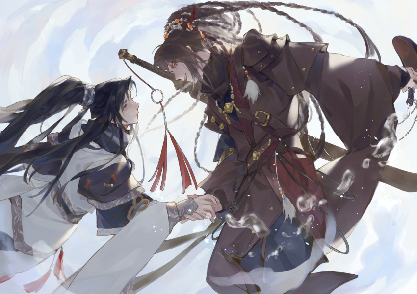 2boys beads black_hair braid brown_hair brown_hanfu chinese_clothes chinese_commentary hair_ornament hanfu highres holding holding_hands jewelry jinguang_budaixi long_hair long_sleeves looking_at_another male_focus multiple_boys ponytail qi_hanyu qianjin_xiao red_eyes robe sheath smile sword tassel water weapon weapon_on_back white_hanfu wide_sleeves yaoi zhao_yi
