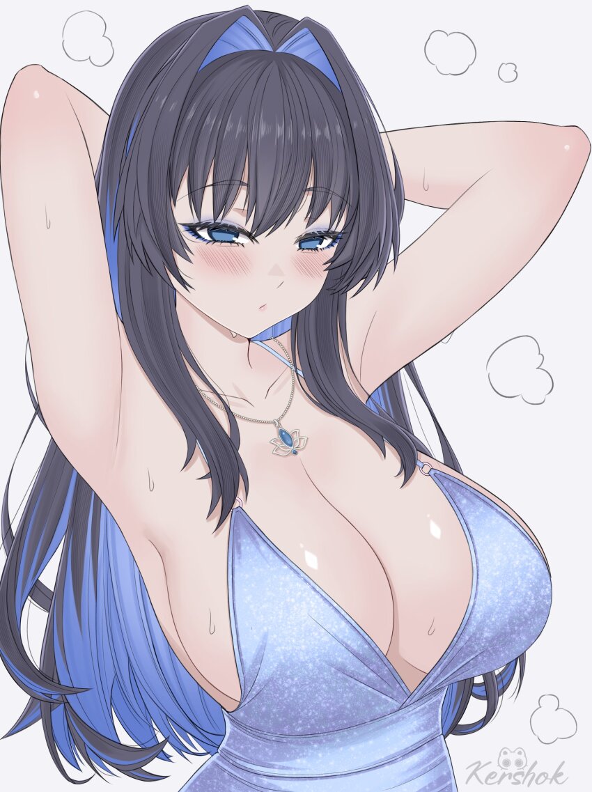1girl absurdres alternate_costume armpits arms_up black_hair blue_dress blue_eyes blue_hair blush breasts closed_mouth colored_inner_hair dress highres hololive hololive_english huge_breasts jewelry kershok multicolored_hair necklace ouro_kronii solo sweat virtual_youtuber