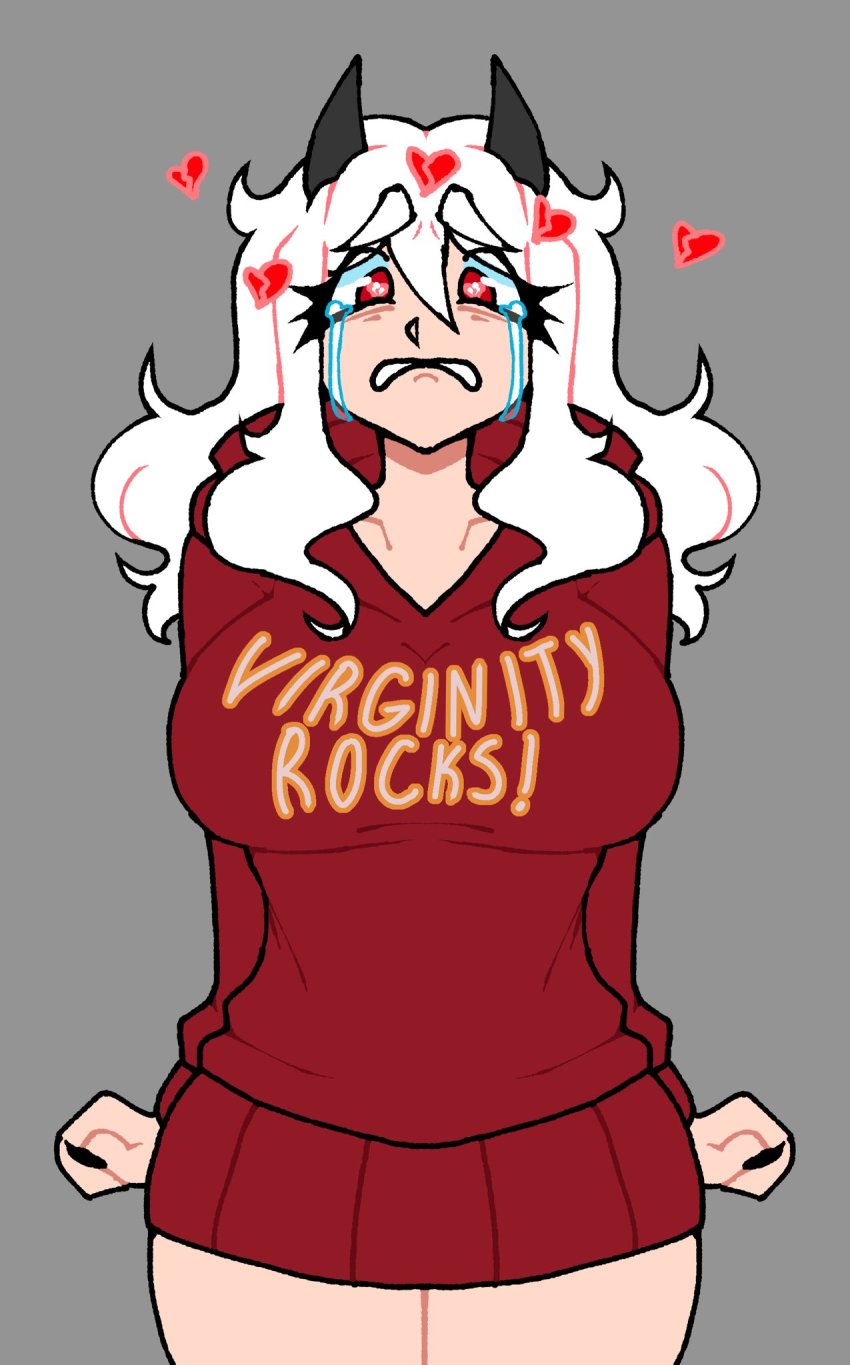 1girl black_horns black_nails breasts broken_heart crying crying_with_eyes_open demon_girl demon_horns english_text frown heart helltaker highres horns large_breasts looking_at_viewer medium_hair modeus_(helltaker) nail_polish red_eyes red_shirt saltylemontea shirt simple_background skirt tears teeth thighs white_hair