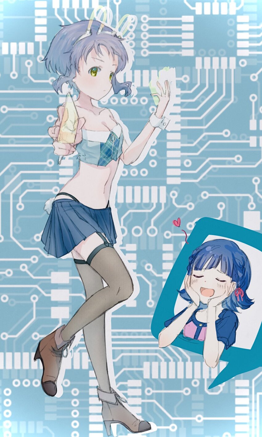 2girls bare_shoulders black_panties black_thighhighs blue_background blue_hair blue_shirt blue_skirt blue_sleeves boots braid breasts brown_footwear card circuit_board cleavage closed_eyes collarbone commentary_request crop_top full_body garter_straps hands_on_own_cheeks hands_on_own_face heart high_heel_boots high_heels highleg highleg_panties highres holding holding_card idolmaster idolmaster_million_live! idolmaster_million_live!_theater_days legs makabe_mizuki miniskirt multiple_girls nanao_yuriko navel open_mouth panties pasta_million39 pink_shirt pleated_skirt puffy_short_sleeves puffy_sleeves purple_hair rabbit_ears_antenna serious shirt short_hair short_sleeves sidelocks skirt small_breasts smile speech_bubble standing stomach thighhighs thighs thong underwear upper_body yellow_eyes