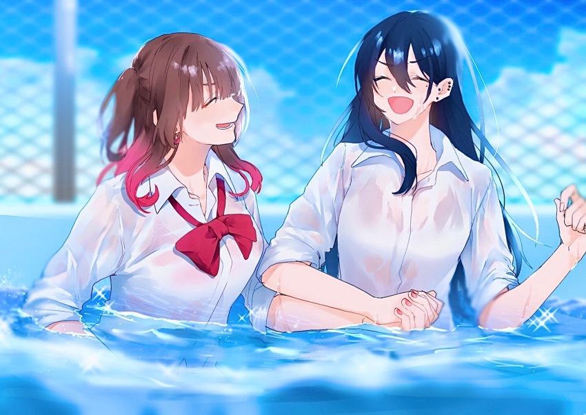 2girls black_hair blue_sky bow bowtie brown_hair chain-link_fence closed_eyes cloud collared_shirt commentary day ear_piercing earrings fence gradient_hair holding_hands interlocked_fingers jewelry ll_446 long_hair multicolored_hair multiple_girls open_mouth original outdoors partially_submerged piercing pool red_bow red_bowtie red_hair shirt sky smile sparkle two_side_up wet wet_clothes wet_shirt white_shirt