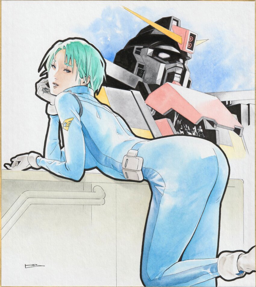 1girl aqua_hair ass beam_cannon belt blue_eyes boots commentary_request emblem four_murasame gloves gundam hand_on_own_cheek hand_on_own_face highres ikeda_kazuhiro logo looking_at_viewer looking_back lying machinery mecha mecha_pilot_suit mobile_suit on_stomach psycho_gundam realistic resting robot science_fiction signature titans_(gundam) v-fin white_boots white_gloves zeta_gundam