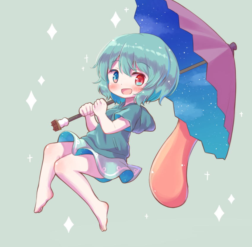 1girl :d arinu barefoot blue_background blue_eyes blue_hair blue_skirt full_body heterochromia holding holding_umbrella karakasa_obake looking_at_viewer open_mouth purple_umbrella red_eyes short_hair short_sleeves skirt smile solo tatara_kogasa touhou umbrella
