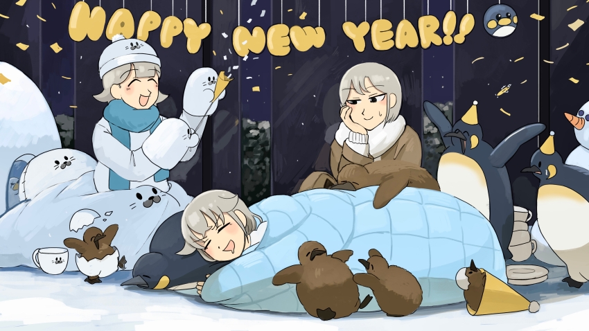 3girls :d ^_^ absurdres balloon bird blue_scarf brown_coat closed_eyes coat commentary confetti cup diva_(hyxpk) donut_stamp drooling duck english_commentary grey_hair hand_on_own_face hand_puppet happy_new_year hat hatching highres king_penguin mouth_drool mug multiple_girls new_year open_mouth party_hat penguin penguin_balloon penguin_chick penguin_keeper_(diva) plate polar_bear_keeper_(diva) puppet scarf seal_keeper_(diva) seal_puppet short_hair sleeping smile snowman white_scarf zoo zookeeper zookeepers_(diva)
