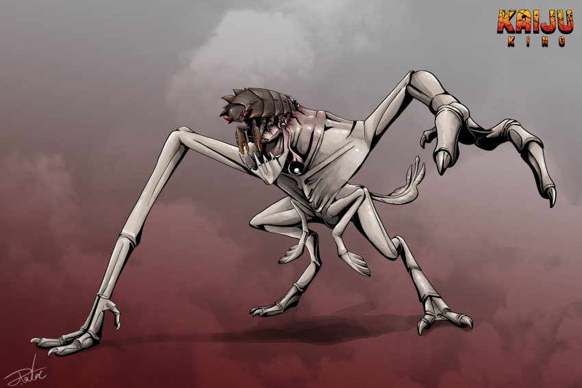 absurdres artist_name body_horror clover_(character) cloverfield commentary crab crab_claw creature crossover dangling_eye english_text extra_arms ganimes giant giant_monster godzilla_(series) gugenheim98 highres injury kaiju monster monster_focus multiple_legs no_humans no_sclera pale_skin parasite red_eyes redesign shell simple_background space_amoeba_(film) tail teeth