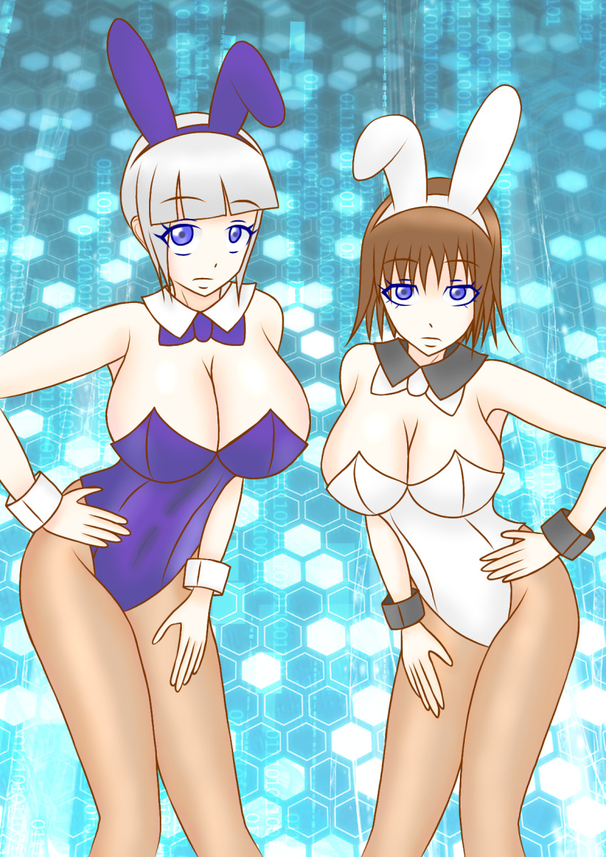 2girls avataro_sentai_donbrothers blue_eyes brown_hair highres leotard mashin_sentai_kiramager mokuro_(artist) multiple_girls playboy_bunny silver_hair sononi_(donbrothers) super_sentai yodonna