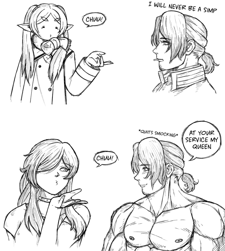 1boy 2girls =_= basedlida cigarette coat commentary english_text flamme_(sousou_no_frieren) frieren frieren_blowing_a_kiss greyscale hair_over_one_eye highres meme monochrome multiple_girls muscular muscular_male pectorals pointy_ears ponytail scarf sein_(sousou_no_frieren) short_ponytail smile smoking sousou_no_frieren tearing_up tears thick_eyebrows yes_chad_(meme)