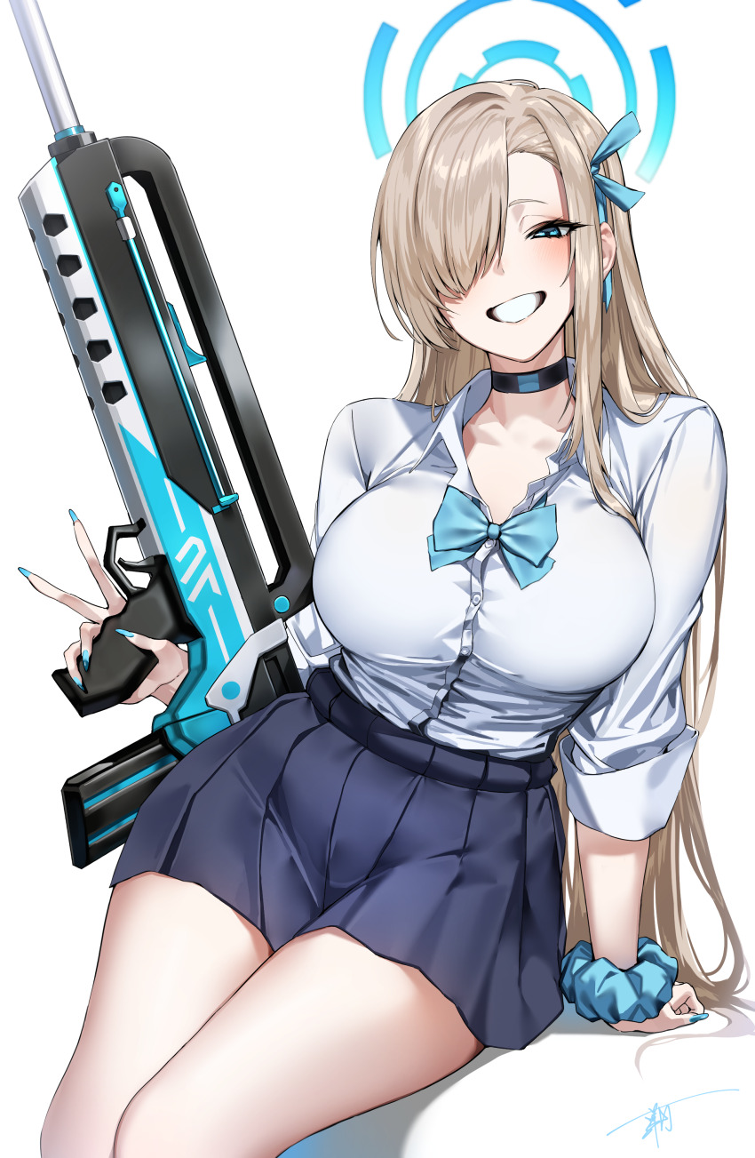 1girl absurdres assault_rifle asuna_(blue_archive) asuna_(school_uniform)_(blue_archive) blonde_hair blue_archive blue_bow blue_bowtie blue_eyes blue_halo blue_skirt blush bow bowtie breasts bullpup choker collarbone famas grin gun hair_over_one_eye halo highres holding holding_gun holding_weapon large_breasts long_hair looking_at_viewer pleated_skirt rifle scrunchie shirt sitting skirt sleeves_rolled_up smile solo thighs tomitacchi very_long_hair weapon white_shirt wrist_scrunchie