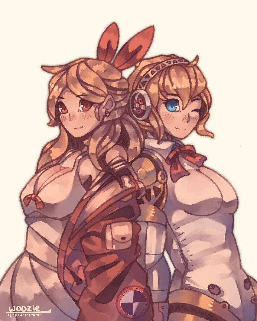 2girls aigis_(persona) android artist_name blonde_hair blue_eyes borrowed_character bow breasts brown_hair collared_leotard commentary cudlil_(character) dress english_commentary from_side hair_ribbon headphones highres jacket leotard long_hair medium_breasts multiple_girls off_shoulder one_eye_closed original persona persona_3 red_bow red_jacket red_ribbon ribbon short_hair smile white_dress white_leotard woozie