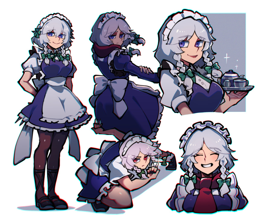 1girl black_dress blue_eyes braid breasts closed_mouth cup dress grey_hair holding holding_tray iganashi1 izayoi_sakuya looking_at_viewer maid maid_headdress multiple_views red_eyes red_scarf scarf short_hair side_braids simple_background smile teacup teapot touhou tray twin_braids white_background