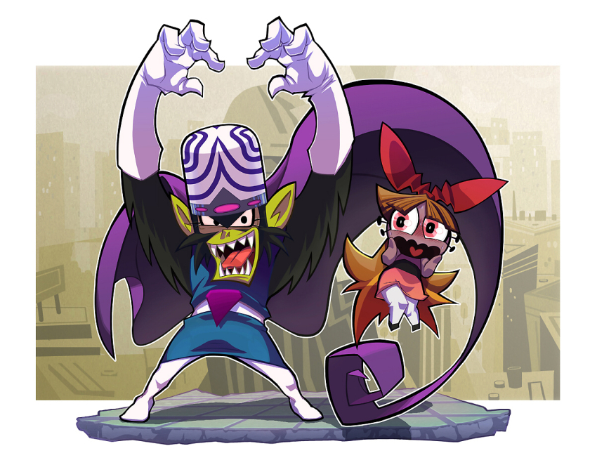 1boy 1girl arms_up belt black_eyes black_fur black_shoes blossom_(ppg) blue_tunic body_fur boots bow brain_capsule cape child cityscape colored_skin commentary dress dress_shoes father_and_daughter floating gashi-gashi gloves green_skin hand_on_own_face levitation long_hair looking_at_another looking_at_viewer mojo_jojo open_mouth pantyhose parted_bangs pink_dress pink_eyes pointy_ears powerpuff_girls purple_cape red_bow screaming sharp_teeth shoes standing striped_brain_capsule striped_clothes striped_dress teeth thigh_boots tongue toon_(style) tunic white_belt white_boots white_brain_capsule white_gloves white_pantyhose