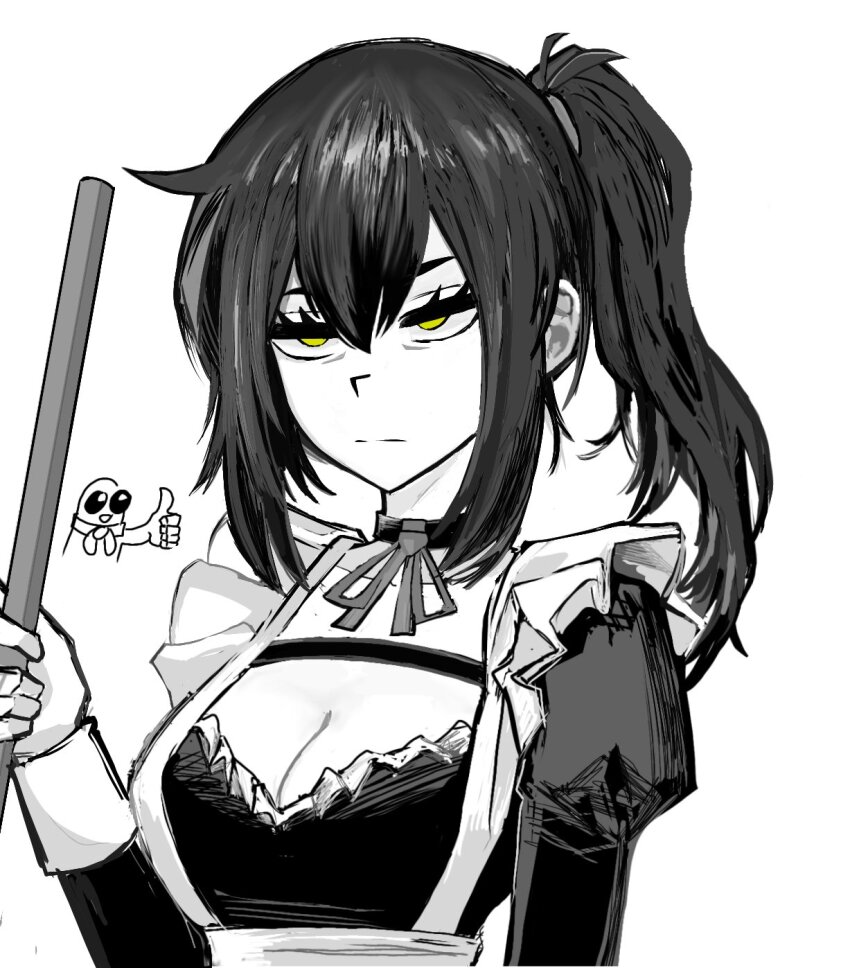 1girl alternate_costume apron breasts choker cleavage closed_mouth collarbone commentary double-parted_bangs dress english_commentary eyelashes frilled_apron frilled_dress frills greyscale guguguguh hair_between_eyes hand_up highres holding jitome juliet_sleeves long_hair long_sleeves looking_at_viewer maid maid_apron medium_breasts monochrome neck_ribbon ponytail puffy_sleeves renee_graves ribbon sidelocks simple_background sketch solo spot_color the_coffin_of_andy_and_leyley upper_body yellow_eyes