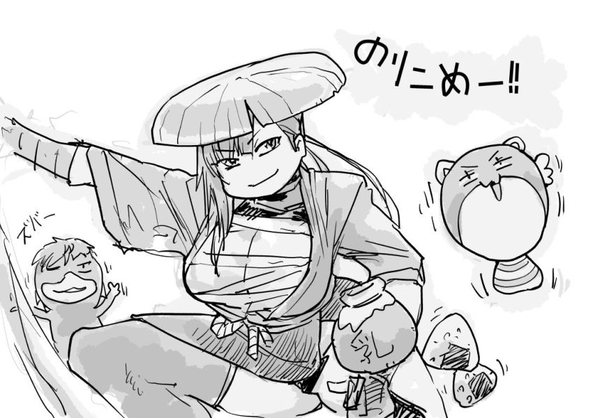 ! 1girl 2boys bandages bodysuit bodysuit_under_clothes breasts chibi cleavage cleavage_cutout clothing_cutout creature earrings food fuuma_kotarou_(taimanin_series) garter_straps gloves greyscale grin hat huge_breasts japanese_clothes jewelry kamimura_maika kamimura_maika_(future) kamio96 kappa long_hair looking_at_viewer micro_panties monochrome multiple_boys onigiri panties ponytail samurai simple_background smile standing sword taimanin_(series) taimanin_rpgx thong translation_request uehara_shikanosuke underwear very_long_hair weapon wide_hips
