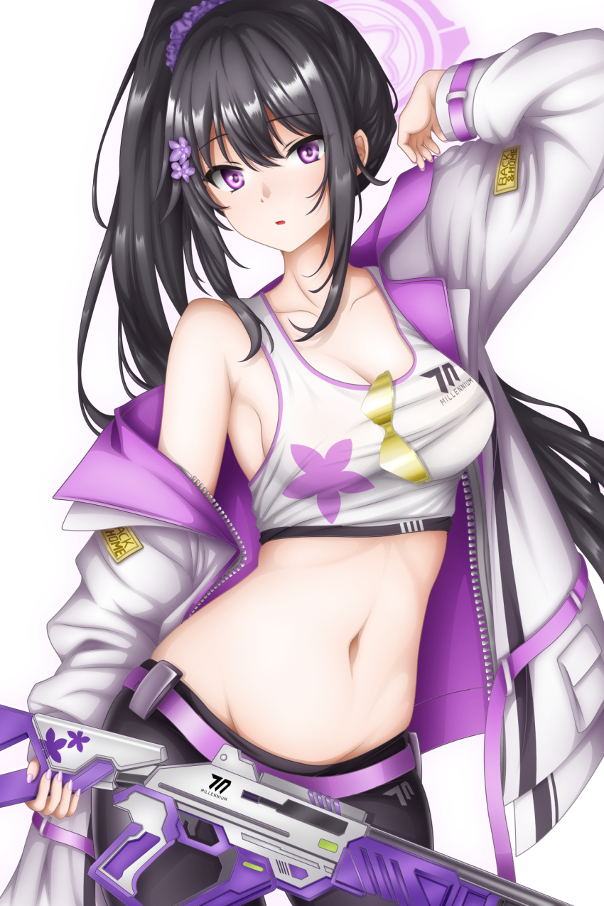 1girl arm_up benelli_m4_super_90 black_hair black_pants blue_archive breasts choker cleavage coat collarbone commentary_request cowboy_shot eyewear_hang flower green_choker groin gun hair_between_eyes hair_flower hair_ornament hair_scrunchie halo highres holding holding_gun holding_weapon long_hair looking_at_viewer medium_breasts midriff navel off_shoulder open_clothes open_coat pants parted_lips partial_commentary ponytail purple_eyes purple_scrunchie scrunchie shotgun sidelocks simple_background single_bare_shoulder solo sports_bra sports_sunglasses standing sturm_(arowana_kingyo) sumire_(blue_archive) sunglasses unworn_eyewear very_long_hair weapon white_background white_coat white_sports_bra yoga_pants