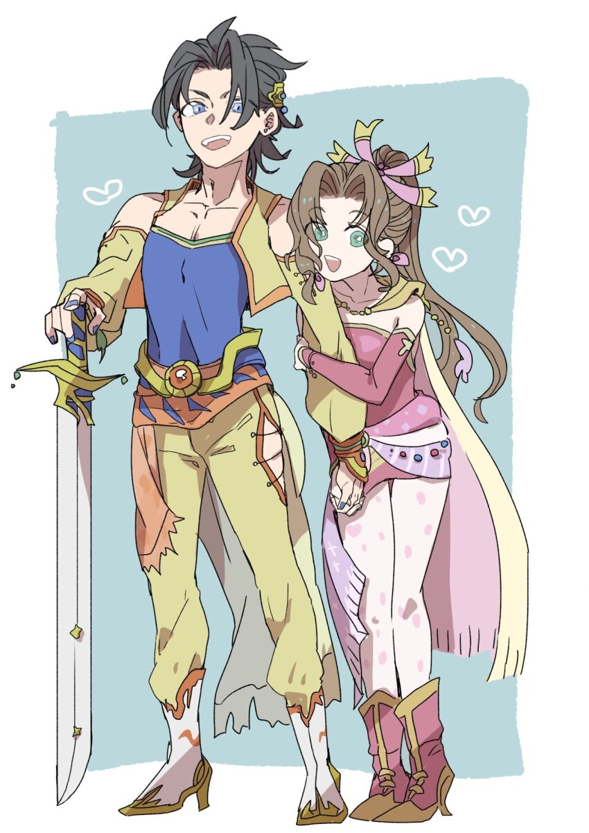 1boy 1girl aerith_gainsborough arm_hug bare_shoulders black_hair blue_eyes blue_shirt boots brown_hair cape celes_chere celes_chere_(cosplay) commentary_request cosplay couple detached_sleeves dress final_fantasy final_fantasy_vi final_fantasy_vii final_fantasy_vii_ever_crisis green_eyes hair_ornament heart height_difference high_ponytail highres holding holding_hands holding_sword holding_weapon jacket long_hair looking_at_viewer open_clothes open_jacket open_mouth oshibainoticket pants pantyhose parted_bangs pink_boots pink_dress ponytail shirt short_hair smile standing sword terra_branford_(cosplay) tina_branford weapon white_footwear yellow_cape yellow_jacket yellow_pants zack_fair