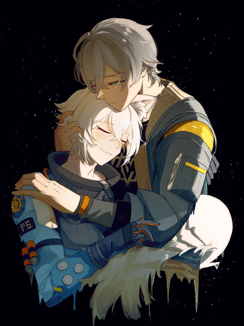 2boys 5005910z animal_ear_fluff animal_ears black_background black_shirt blush closed_mouth commentary_request cropped_torso crossed_bangs gloves grey_hair hair_between_eyes hand_on_another&#039;s_head hand_on_another&#039;s_shoulder highres jacket long_sleeves looking_at_another looking_down male_focus multiple_boys open_clothes open_jacket popped_collar print_shirt seth_lowell shirt short_hair smile tail turtleneck unzipped white_hair wise_(zenless_zone_zero) yaoi zenless_zone_zero zipper zipper_pull_tab