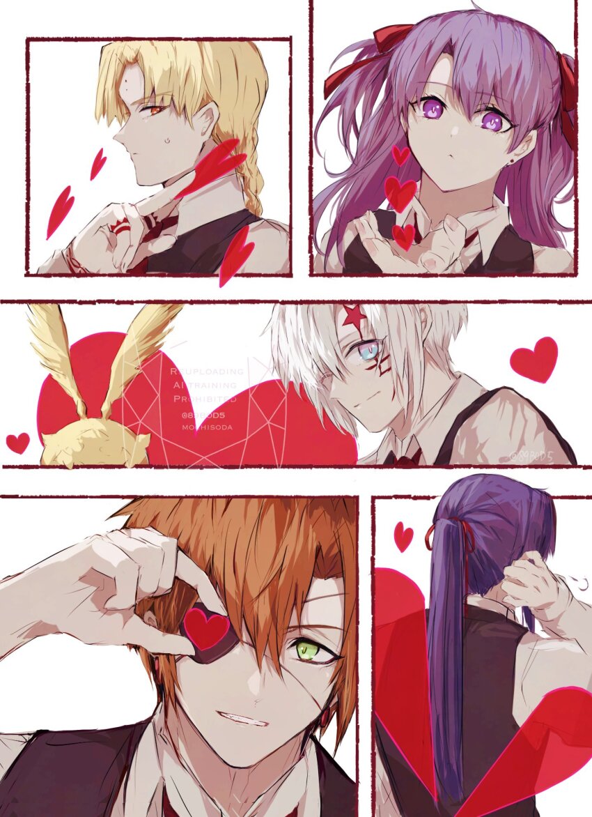 1girl 1other 4boys allen_walker blonde_hair blue_eyes body_markings braid brown_vest collared_shirt creature cross d.gray-man earrings eyepatch facial_mark facing_away forehead_mark golem_(d.gray-man) green_eyes hair_between_eyes hair_ribbon hand_in_own_hair heart high_ponytail highres holding holding_heart hoop_earrings horns howard_link jewelry kanda_yuu lavi lenalee_lee long_hair looking_at_viewer multiple_boys necktie one_eye_closed one_eye_covered orange_hair parted_lips ponytail purple_eyes purple_hair red_eyes red_necktie red_ribbon ribbon scar scar_on_face shirt short_hair sidelocks signature simple_background single_braid smile sodamachi star_(symbol) star_facial_mark stud_earrings sweat sweatdrop timcanpy two_side_up vest white_background white_hair white_shirt wings