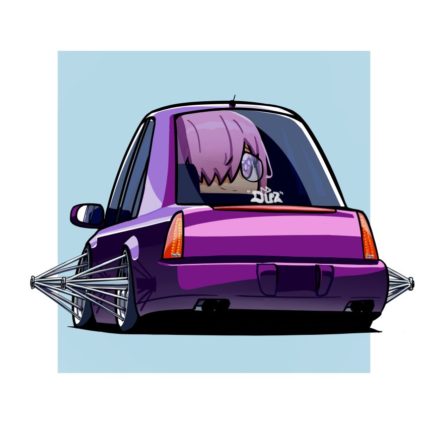 1girl absurdres blue_background border cadillac cadillac_cts car commentary driving duz english_commentary fate_(series) from_behind glasses highres looking_at_viewer looking_back lowrider mash_kyrielight motor_vehicle one_eye_covered outside_border purple_eyes purple_hair smile solo vehicle_focus white_border
